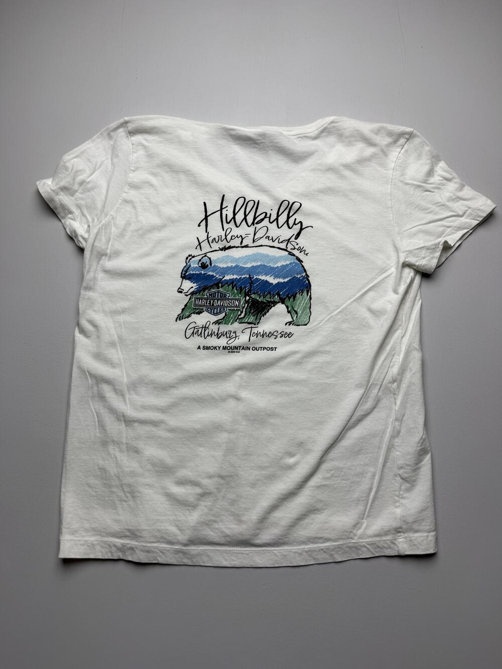 Harley-Davidson Shirt Womens XL White V Neck Short Sleeve Smoky Mtns Graphic Top